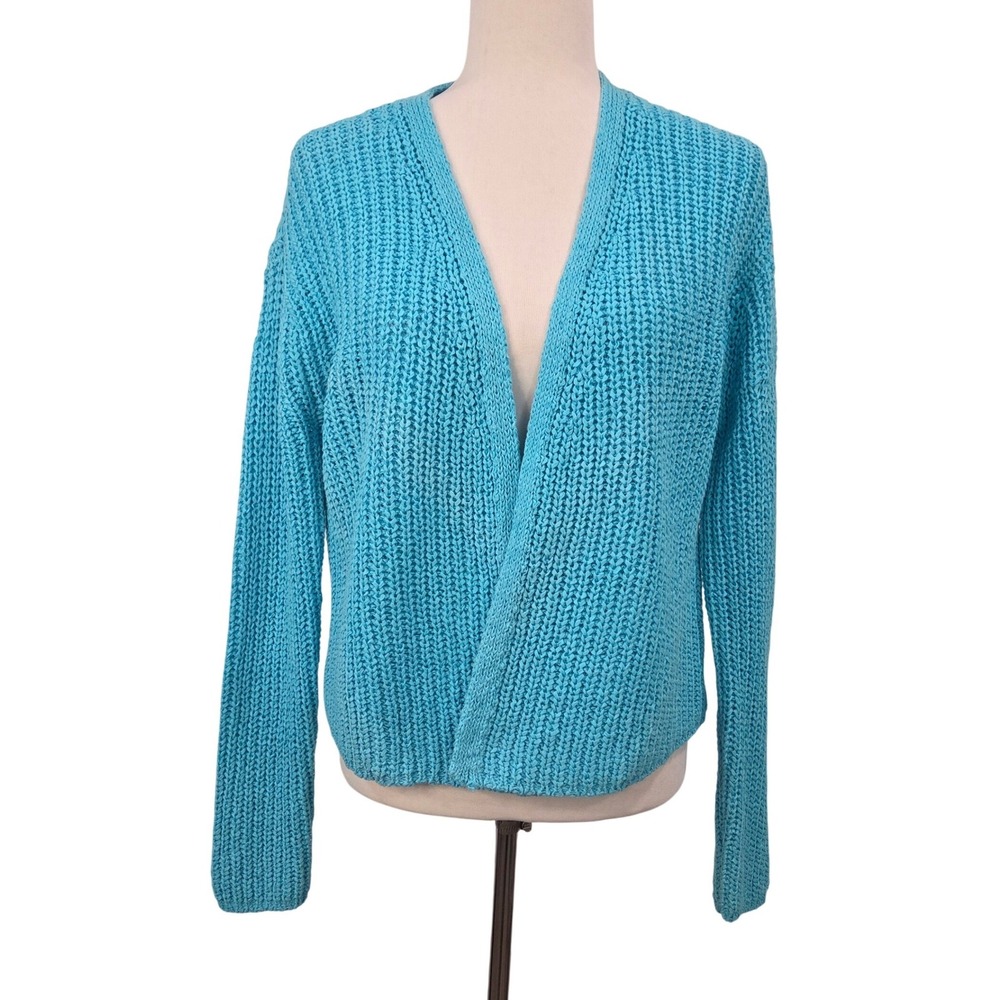 Talbots Womens Blue Cardigan‎ Sweater Petite S Cropped Chunky Knit Cotton Blend